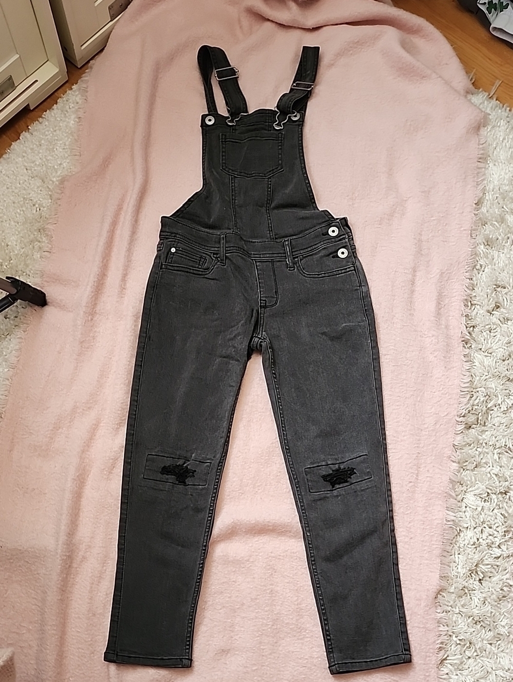 abercrombie kids Black Washed Denim Overalls with Knee Distress